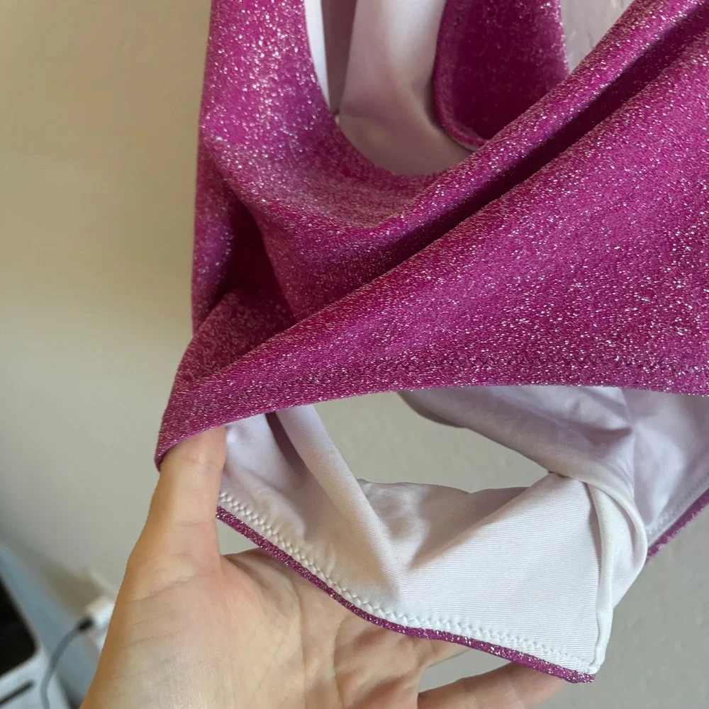 PINK Victoria's Secret One Shoulder Cut Out Monokini Purple Pink Sparkle Med NWT